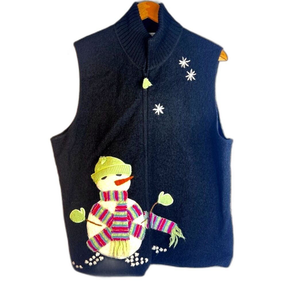 Coldwater Creek 100% Wool Snowman Christmas Zip Up Vest Holiday Size XL Novelty